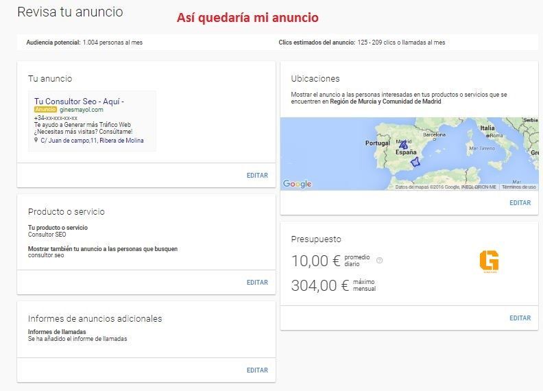 google adwords express resultado anuncio